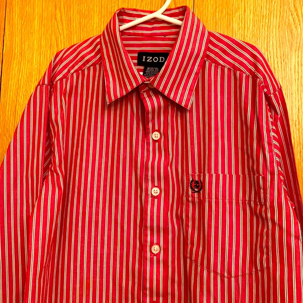 Izod boy’s 10 - 12 Classic preppy woven button down shirt red gray stripe VGUC